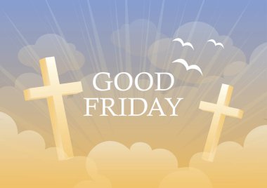 İyi Cuma güneşli cennet arka plan vektörü. Güzel güneşli mavi turuncu gökyüzü arka plan vektörü. İsa vektör illüstrasyonunun çarmıha gerilişinin anısına yapılan Hıristiyan bayramı. Dini cennet posteri. Önemli bir gün.