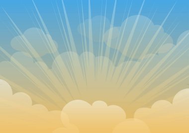 Mavi turuncu güneşli gökyüzü, bulutlar ve güneş ışınları vektörü. Güzel güneşli mavi turuncu gökyüzü arka plan vektörü. Güneşli parlak cennet vektör çizimi