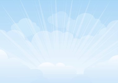 Mavi güneşli gökyüzü, bulutlar ve güneş ışınları vektörü. Güneşli, açık gökyüzü arkaplan vektörü. Güneşli parlak cennet vektör çizimi