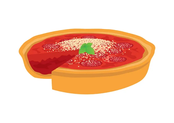 Chicago tarzı Deep Dish Pizza ikonu vektörü. Lezzetli, domatesli, salamlı ve peynirli pizza. Beyaz arka planda izole edilmiş salam ve peynir ikonu.