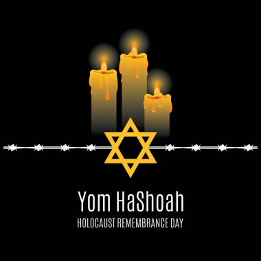 Yom HaShoah, Soykırım Anma Günü vektörü. Dikenli telleri ve siyah arka planda yanan mumları olan Yahudi bir yıldız. Yahudi Soykırımı Kurbanları için Yıllık Yahudi Anma Günü. Önemli bir gün.