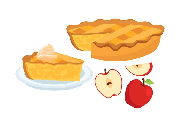 Süße Traditionelle Apfelkuchen Mit Äpfeln Symbol Gesetzt Vektor Stück Apfelkuchen — Stockvektor