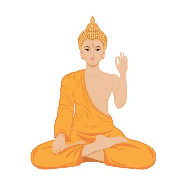 Oturan Buda nilüfer konum vektörü. Beyaz arka planda izole edilmiş turuncu cübbeli Buda sembolü. Meditasyon simgesi vektöründe oturan Buda