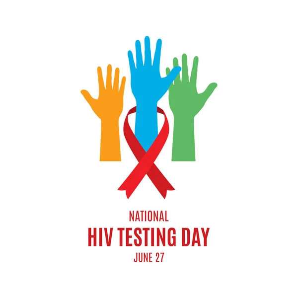 Ulusal HIV testi günü vektörü. HIV AIDS 'li renkli eller kırmızı kurdele ikonu taşıyıcısı. HIV farkındalık kurdelesi ve el simgesi beyaz bir arkaplanda izole edilmiş. HIV Testi Günü Posteri, 27 Haziran. Önemli bir gün.