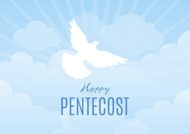 Mutlu Pentecost vektörleri. Dini ilahi arka plan. Beyaz güvercin vektörlü güneşli mavi gökyüzü arkaplanı. Hristiyan bayramı. Önemli bir gün.