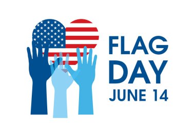 Bayrak Günü 14 Haziran Posteri Amerikan bayrağı şeklinde ve el kaldırıyor. Beyaz arka planda izole edilmiş Amerikan bayrağı ve yükseltilmiş el simgesi vektörü. Önemli bir gün.