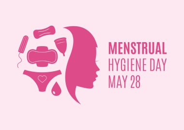 Regl Hijyen Günü vektörü. Kadınların adet ürünleri ikonu vektör belirledi. Adet pedi, tampon, bardak ikonu vektörü. Genç kadın yüz profili pembe siluet vektörü. Önemli bir gün.