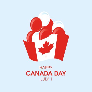 Kanada bayrağı ve uçan balon ikon vektörüyle Mutlu Kanada Günü arkaplanı. Kırmızı ve beyaz balon ikon vektörlü Kanada bayrağı sallıyor. Kanada Günü Posteri, 1 Temmuz. Önemli bir gün.