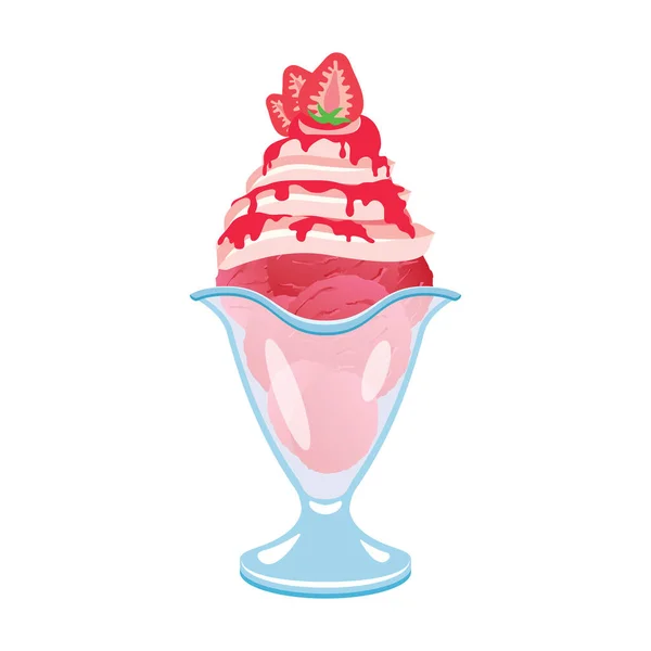 草莓冰淇淋圣代与粉红糖霜图标病媒 雪糕杯 雪糕与粉红糖霜图标隔离在白色的背景 — 图库矢量图片