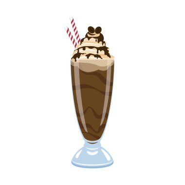 Kakao soslu çikolatalı milkshake ve krem şantili vektör. Çikolata kremalı buzlu kahve. Beyaz arkaplanda izole edilmiş bir bardak milkshake simgesi
