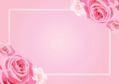 Pembe arka plan vektöründe yumuşak pembe gül çiçek çerçevesi. Romantik pembe arkaplan vektörü. Metin için kopyalama alanı olan pembe güller. Boş tebrik kartı vektörü