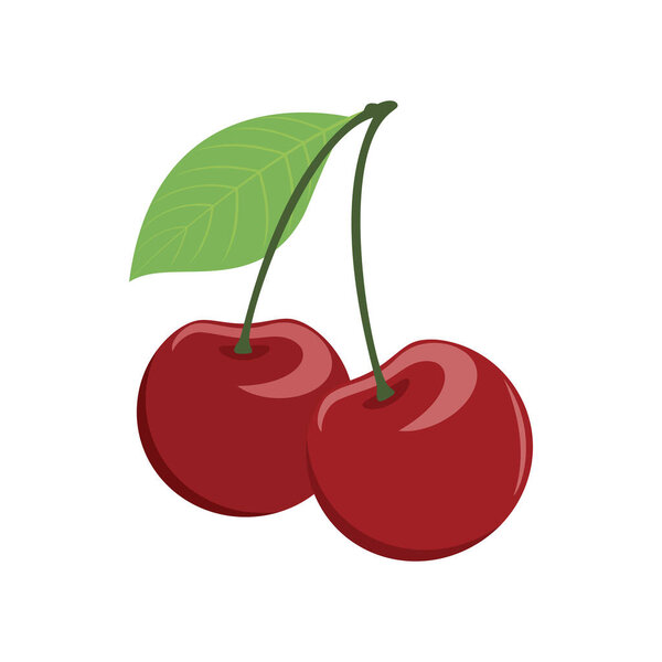 Две свежие красные вишни с вектором иконки листа. Икона вишни выделена на белом фоне. Популярный вектор летних красных фруктов