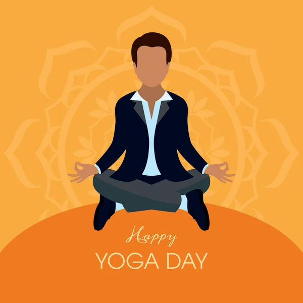 Happy Yoga Day Affiche Avec Homme Affaires Position Yoga Vecteur — Image vectorielle