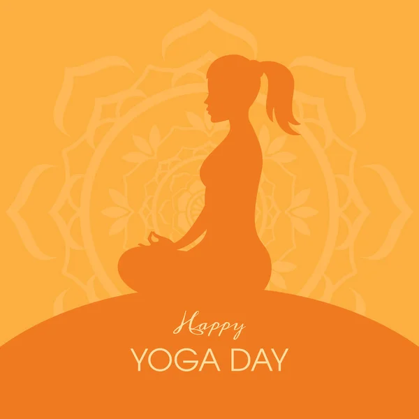 Happy Yoga Day Affiche Avec Femme Position Yoga Silhouette Vecteur — Image vectorielle