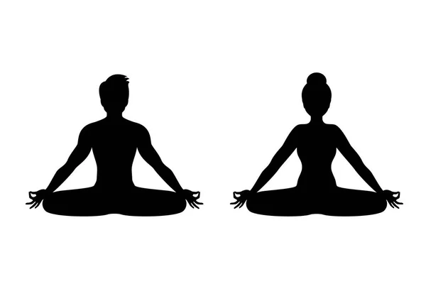 男子和女子在瑜伽莲花位置图标矢量 人们坐在瑜伽位置的黑色轮廓图标集矢量 冥想的人在白色背景下被隔离的图标 — 图库矢量图片