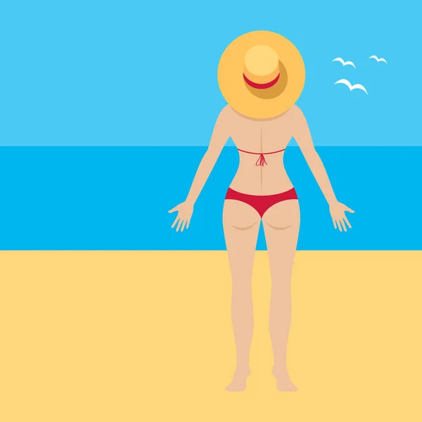Junge Schlanke Frau Roten Bikini Die Mit Ihrem Rückenvektor Steht — Stockvektor