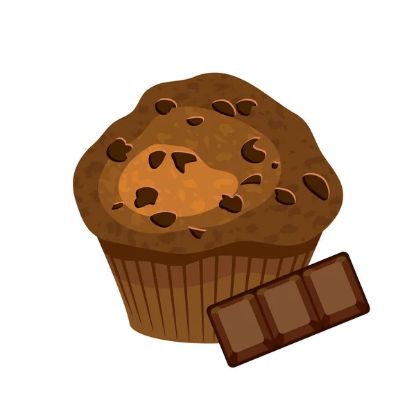 Köstliche Schokolade Muffingebäck Mit Schokoladenwürfeln Stücke Symbol Vektor Frischer Muffin — Stockvektor