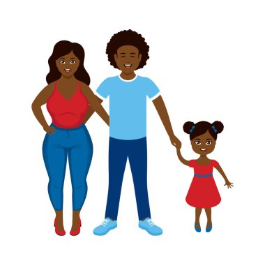 Mutlu Afro-Amerikan ebeveynler ve onun küçük kız ikon vektörü. Güzel siyah aile ikonu. Küçük kız vektörüne aşık Afrikalı Amerikalı çift. Neşeli baba, anne ve kız vektörü