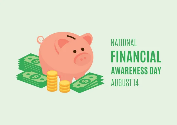Nationaler Tag Des Finanzbewusstseins Niedliche Sparschwein Und Haufen Geld Vektor — Stockvektor