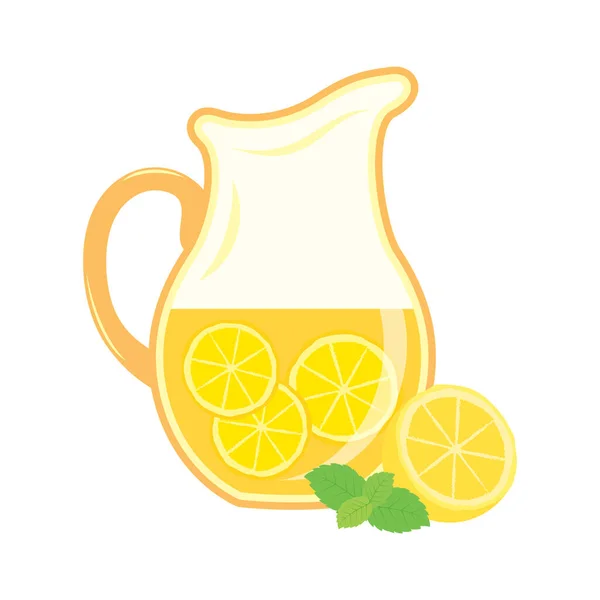 Brocca Brocca Alla Limonata Con Limoni Vettore Icona Foglia Menta — Vettoriale Stock