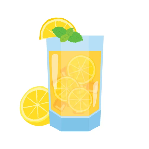 一杯柠檬水与柠檬和薄荷叶图标 在白色背景下分离的带有新鲜冰夏季饮料载体的杯子 — 图库矢量图片