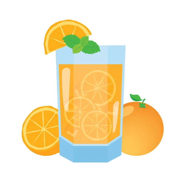 Склянка Свіжого Апельсинового Соку Апельсинами Вектором Значка Ятного Листя Склянка — стоковий вектор