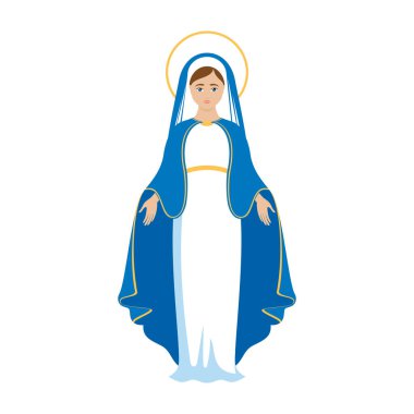 Kutsal Bakire Meryem ikon taşıyıcısı. Mary vektör çiziminin varsayımı. Beyaz arkaplanda izole edilmiş güzel Bakire Meryem simgesi