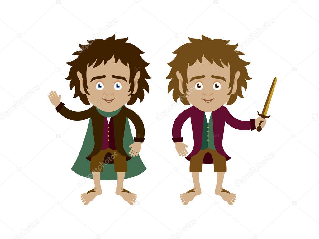 Hobbits Bilbo and Frodo Baggins, Fictional characters icon set vector. Two cute hobbits icon isolated on a white background. Bilbo and Frodo cartoon character