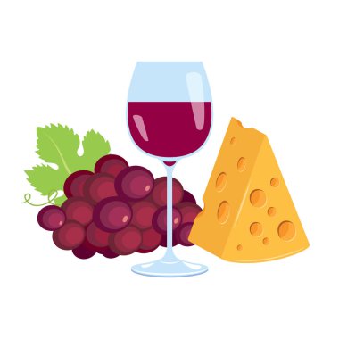 Bir kadeh kırmızı şarap, bir parça peynir, kırmızı üzüm ikonu vektörü. Sarı peynir ve ikon vektörü. Kırmızı bir demet üzüm ve bir bardak şarap beyaz arka planda izole edilmiş yaşam ikonu