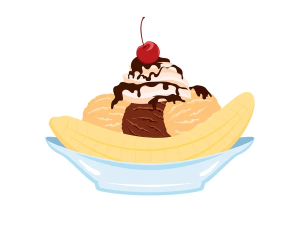 Classic Banana Split Ice Cream Sundae Vector Icono Helado Helado — Vector de stock