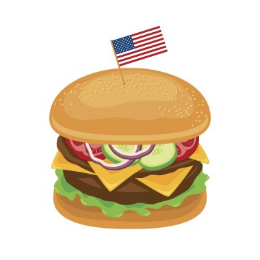 Et, sebze ve peynir ikonu vektörlü Amerikan hamburgeri. Klasik çizburger ikon vektörü. Beyaz arka planda izole edilmiş Amerikan bayrağı ikonlu büyük hamburger.