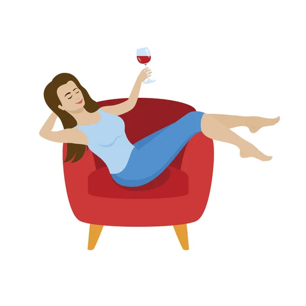 Kobieta Relaksująca Się Fotelu Pijąca Wektor Wina Szczęśliwa Kobieta Odpoczywająca — Wektor stockowy