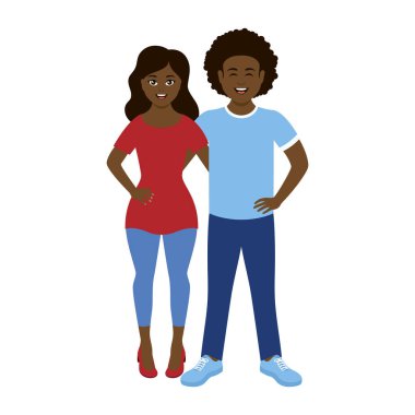 Mutlu Afro-Amerikan genç erkek ve kadın aşk ikonu vektörü. Neşeli erkek ve kız siyah etnik kökenli arkadaş ikonu beyaz bir arkaplanda izole edilmiş. Sıradan giyinen erkek ve kadın vektörü