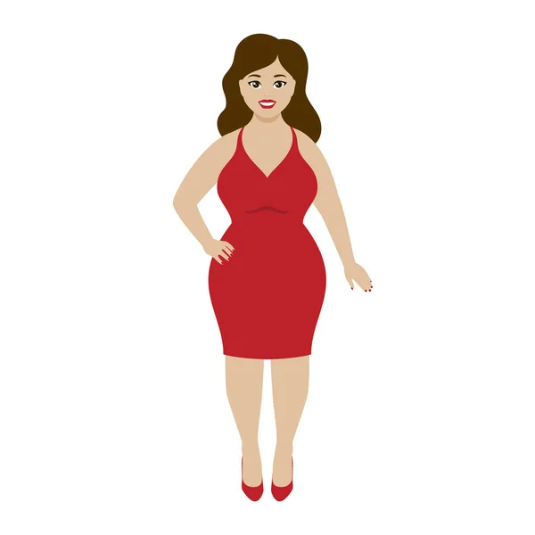 Hermosa Mujer Con Curvas Vestido Rojo Icono Del Vector Vector — Vector de stock