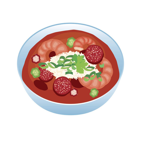 Вектор иконок гумбо-супа. Чаша супа с креветками, колбасой и вектором рисовых икон. Классическое блюдо в Луизиане. Иконка супа из морепродуктов на белом фоне