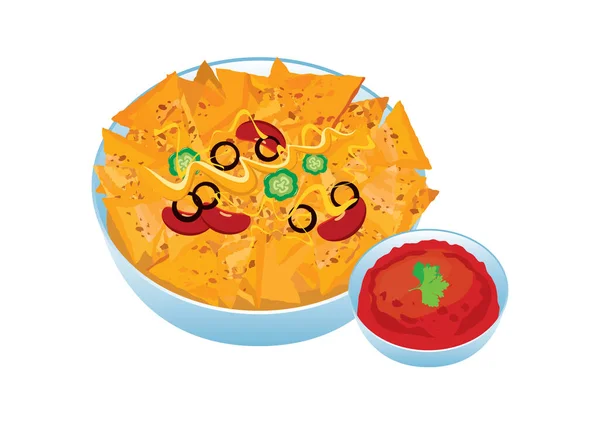 Egy Tányér Nacho Chips Salsa Szósz Ikon Vektorral Mexikói Tortilla — Stock Vector