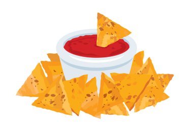 Kırmızı salsa sosu ikon vektörlü mısır cipsi. Beyaz arka planda izole edilmiş salsa soslu Meksika mısır cipsi.