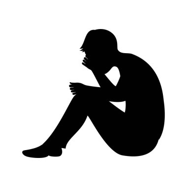 Üzgün adam yerde oturmuş, dizlerine sarılıyor. Depresif adam siyah siluet simge vektörü beyaz arkaplan üzerinde izole
