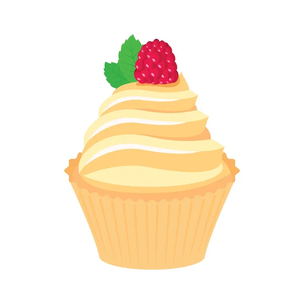 Cremiger Vanille Cupcake Mit Himbeere Und Minzblatt Symbol Vektor Köstliche — Stockvektor