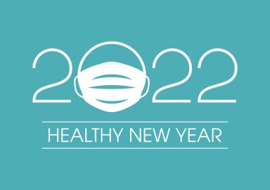 Sağlıklı bir yeni yıl 2022 yazıtında mavi arka plan vektöründe koronavirüs tıbbi maskesi var. 2022 Sağlıklı Yeni Yıl işareti. Mavi arka plan vektöründe koruyucu yüz maskesi var.