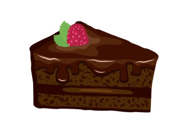 Ahududu ve nane yaprağı ikon vektörüyle dilimlenmiş çikolatalı pasta. Beyaz arka planda izole edilmiş lezzetli çikolata ahududu kek ikonu vektörü