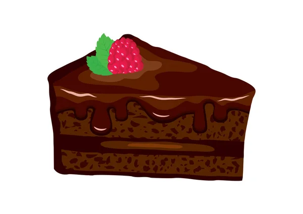 Snijd Chocoladetaart Met Frambozen Muntblad Icoon Vector Heerlijke Chocolade Framboos — Stockvector