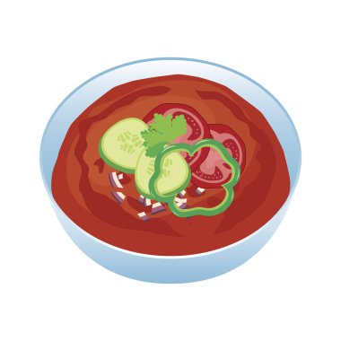 Kase ikon vektöründe gazpacho sebze çorbası. Beyaz arka planda domatesli, biberli ve salatalık ikonlu leziz çorba.