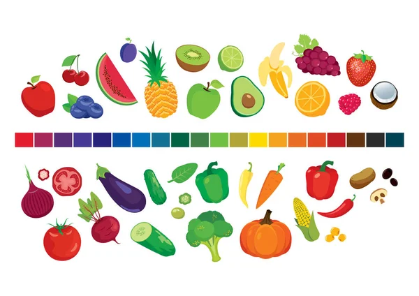 许多水果和蔬菜颜色调色板图标设置向量 水果和蔬菜五颜六色的混合物图标集向量在白色背景上分离 — 图库矢量图片