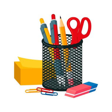 Office black mesh pen holder with pen, pencil, scissors vector illustration. Office supplies icon set isolated on a white background. Office desk organizer, pen, eraser, ballpoint, paper, scissors, paperclip vector