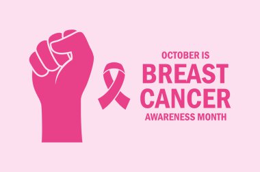 October is Breast Cancer Awareness Month poster vector illustration. Female hand with clenched fist icon. Raised fist and pink cancer ribbon symbol. Template for background, banner, card. Important day