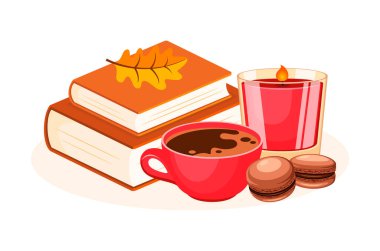 Bir fincan kahve, kitaplar, makarna ve kokulu mum vektör çizimi. Sıcak içecek, kitap ve tatlı ikonu beyaz arka planda izole edilmiş sonbahar sıcacık hayatı. Sonbahar dekorasyon çizimi