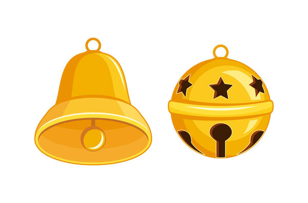 Золотой колокол и вектор колокольного звона. Золотой рождественский звон колокола значок набор изолирован на белом фоне. Символ украшения праздника
