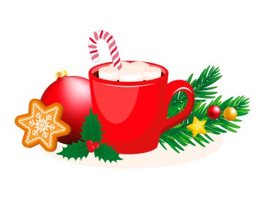 Kırmızı bardak illüstrasyonunda noel sıcak çikolatası. Beyaz arka planda şekerleme ve şeker kamışı ikonu olan sıcak kakao içeceği. Sıcak çikolata içeceği ve Noel süsü çizimi.