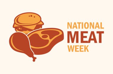 Ulusal Et Haftası poster çizimi. Biftek, tavuk budu, hamburger basit ikon vektörü. Et grafik tasarım elementi. Arkaplan, afiş, kart için şablon